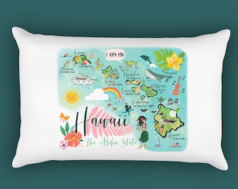 Hawaii Illustrated Map Design Canvas Pillow Cover