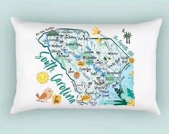 South Carolina Illustrated Map Design Canvas Pillow Cover