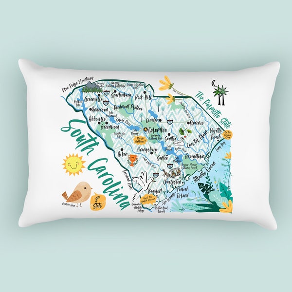 South Carolina Illustrated Map Design Canvas Pillow Cover