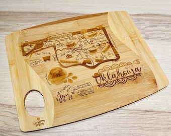 Oklahoma Illustrated Map Design Bamboo Charcuterie Board