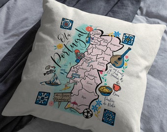 Portugal Illustrated Map Design Canvas Pillow Cover