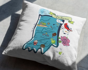 Indiana Illustrated Map Design Canvas Pillow Cover