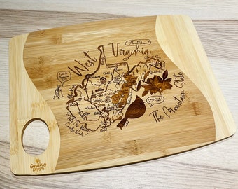 West Virginia Illustrated Map Design Bamboo Charcuterie Board