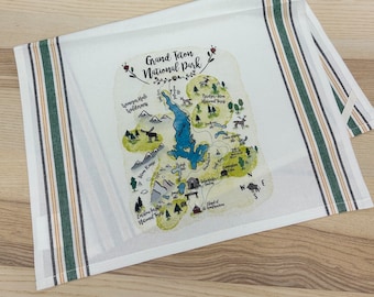 Grand Tetons National Park Illustrated Map Design Kitchen/Tea Towel