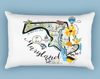 Maryland Illustrated Map Design Canvas Pillow Cover