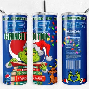 May include: A blue stainless steel tumbler featuring a Grinch-themed design. The tumbler has the Pepsi logo and the words "Grinch Edition." The design includes the Grinch, books, and a dog. The tumbler has a silver straw.