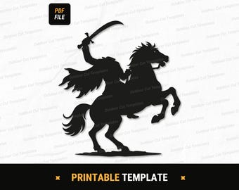 May include: Black silhouette of a rider on a rearing horse, holding a sword aloft. The image includes the text "PDF FILE" in the upper left and "PRINTABLE TEMPLATE" at the bottom, suggesting a digital design for crafting.