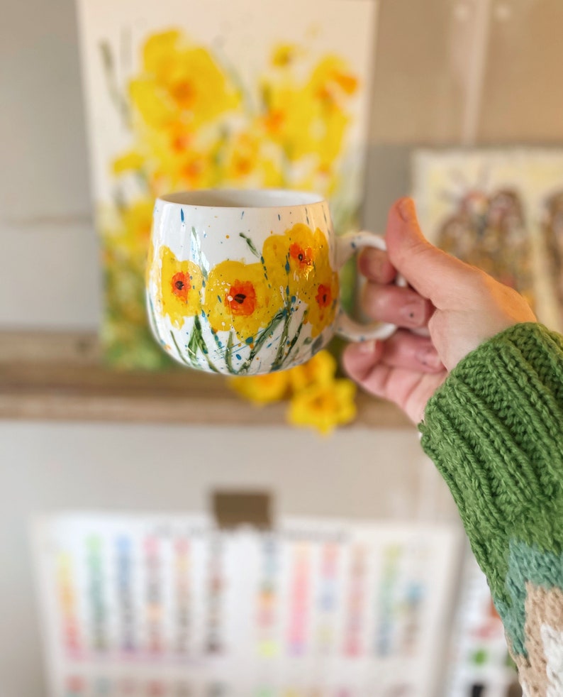 Hello sunshine Mug Hand painted Dishwasher safe handmade mug. Inspired by the hope of spring image 5