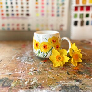Hello sunshine Mug Hand painted Dishwasher safe handmade mug. Inspired by the hope of spring image 2