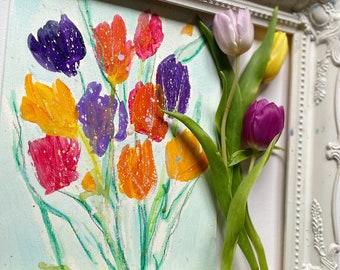 Spring Tulips - beautiful one off expressionistic painting evoking the joy of spring ! Original painting on canvas paper