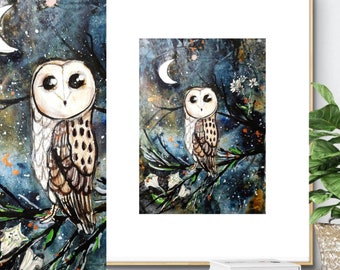 Fine art print, owl art, owl painting, dark academia style, original art. Moon art, celestial art, tree art, forest art, woods, Nature art.