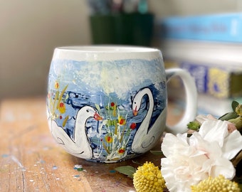 Swan Lake -  Mug Hand painted Dishwasher safe handmade mug. Inspired  the gracefulness of swans and nature .