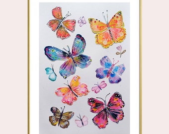 Butterfly Kisses - beautiful print of my original watercolour painting.Hand embellished with pops of neon and silver leaf. 3 sizes.
