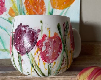 Dancing Tulips Mug Hand painted Dishwasher safe handmade mug. Inspired by the hope of spring!