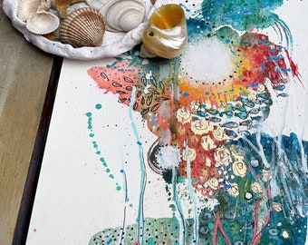 Underwater love - beautiful abstract artwork in shades of peach, orange, blue, green and turquoise. A4 size fine art print