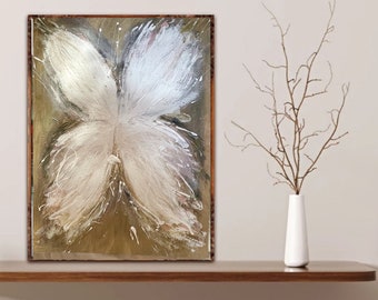 Winged- fine art print of a painting of abstract angel wings. In neutral colours of beige, blush, white and gold. Original art in print