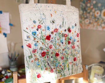 Spring wildflowers- Original one off hand painted tote.  Great for art lovers , wearable art !