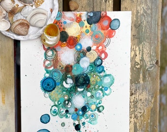 Ocean bubbles - beautiful abstract artwork in shades of peach, orange, blue, green and turquoise. A4 size fine art print