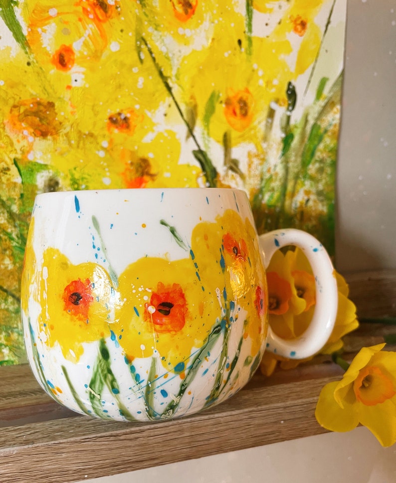 Hello sunshine Mug Hand painted Dishwasher safe handmade mug. Inspired by the hope of spring image 1