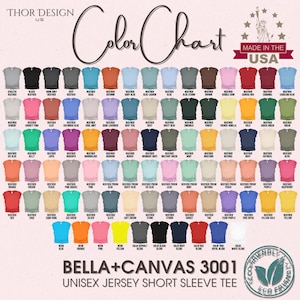 May include: Colour chart displaying a range of t-shirt colours available in the Bella + Canvas 3001 Unisex Jersey Short Sleeve Tee. The chart features solid colours and heathers. Made in the USA.