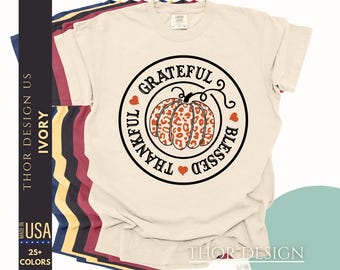 Leopard Print Pumpkin Shirt Thankful Grateful Blessed Graphic Tee Autumn Fall Cozy Seasonal Top Comfort Colors 1717 Trendy Harvest Shirt