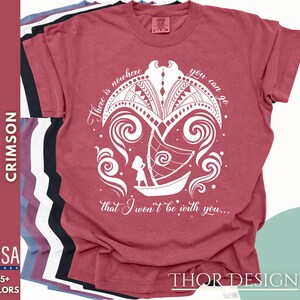 May include: Crimson red t-shirt with a white graphic design of a boat sailing through waves with the text "There is nowhere you can go that I won't be with you..."
