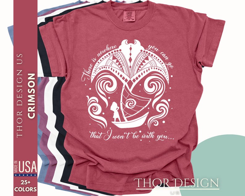 May include: Crimson red t-shirt with a white graphic design of a boat sailing through waves with the text "There is nowhere you can go that I won't be with you..."