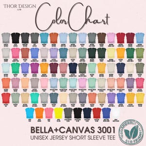 May include: Color chart showing a variety of t-shirt colors available in Bella + Canvas 3001 Unisex Jersey Short Sleeve Tee. The chart includes heather colors, solid colors, and a few prism colors.