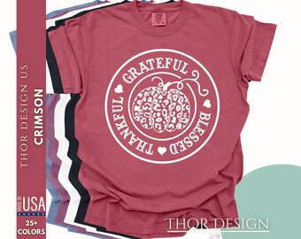 Autumn Pumpkin Shirt Thankful Grateful Blessed Leopard Print Graphic Tee Cozy Fall Comfort Colors 1717 Cute Seasonal Top