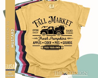 Autumn Harvest Fall Market Shirt Graphic Tee with Pumpkins Apples Cider Pies Gourds Car Cute Seasonal Cozy Top Comfort Colors 1717