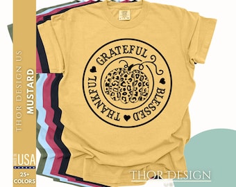 Leopard Print Pumpkin Shirt Thankful Grateful Blessed Graphic Tee Autumn Fall Cozy Seasonal Top Comfort Colors 1717 Trendy Harvest Shirt