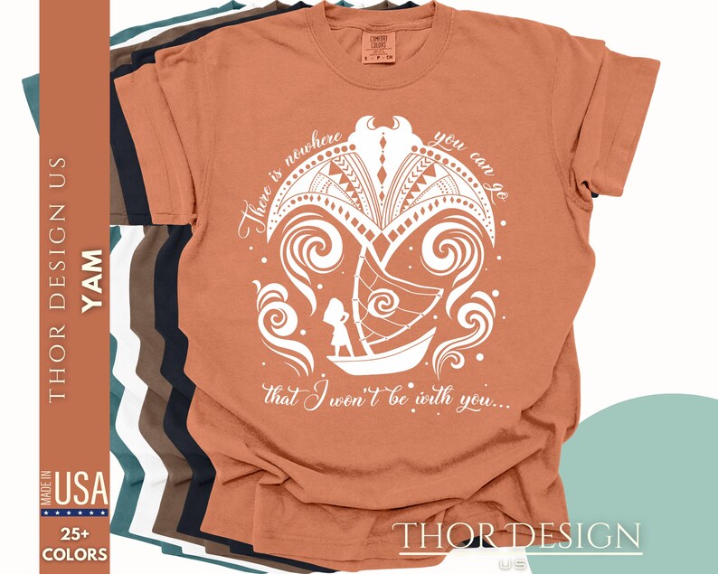 May include: A rust-colored t-shirt with a white graphic design. The graphic features a stylized island with a boat and a person standing on the boat. The text "There is nowhere you can go that I won't be with you..." is printed below the graphic.