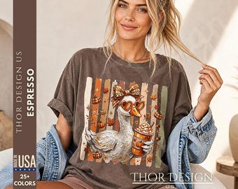 Preppy Fall Goose Shirt, Coquette Autumn Tee, Pumpkin Spice Latte Graphic Shirt, Cute Bow Goose T-Shirt