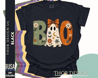 Boo Ghost Shirt, Floral Halloween Tee, Cute Spooky Ghost Shirt, Retro Halloween Graphic Tee