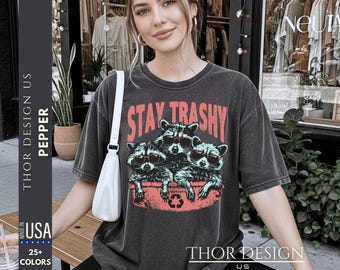 Stay TRASHY Comfort Colors 1717 Shirt – Three Raccoons in a Bin Graphic Tee, Funny Trash Pandas Cartoon T-Shirt, Cute Mischievous Top