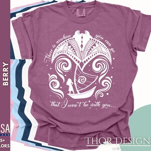 May include: A purple t-shirt with a white graphic design of a stylized boat with a person in it. The text "There is nowhere you can go that I won't be with you..." is printed on the shirt.