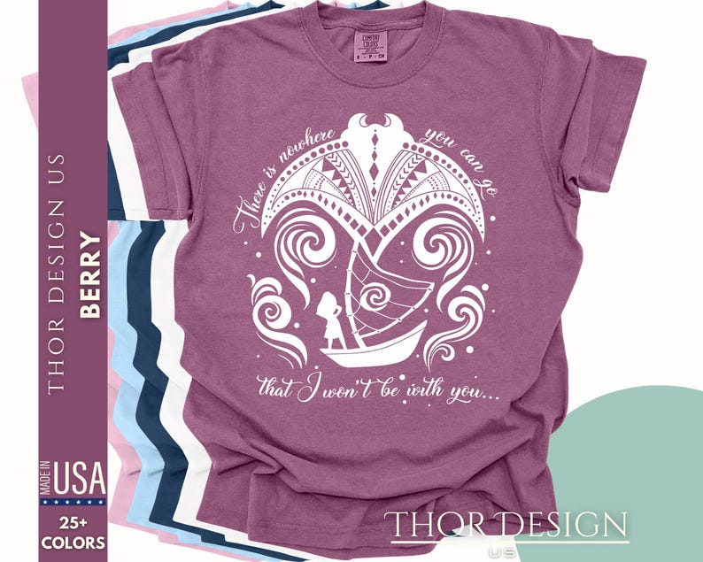 May include: A purple t-shirt with a white graphic design of a stylized boat with a person in it. The text "There is nowhere you can go that I won't be with you..." is printed on the shirt.