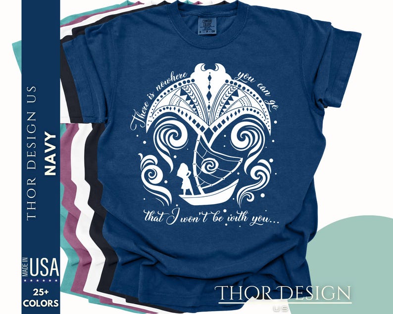 May include: Navy blue t-shirt with a white graphic design of a sailboat and a girl with the text "There is nowhere you can go that I won't be with you..."