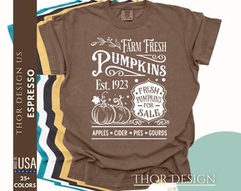 Fresh Pumpkins Apples Cider Pies Farm Fresh Shirt Est 1923 Cozy Fall Autumn Harvest Graphic Tee Vintage Farmhouse Top Comfort Colors