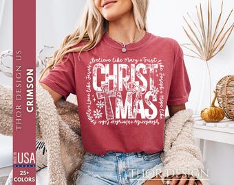 Christmas Faith Tee - Comfort Colors 1717 Distressed Cross Christian Holiday Shirt