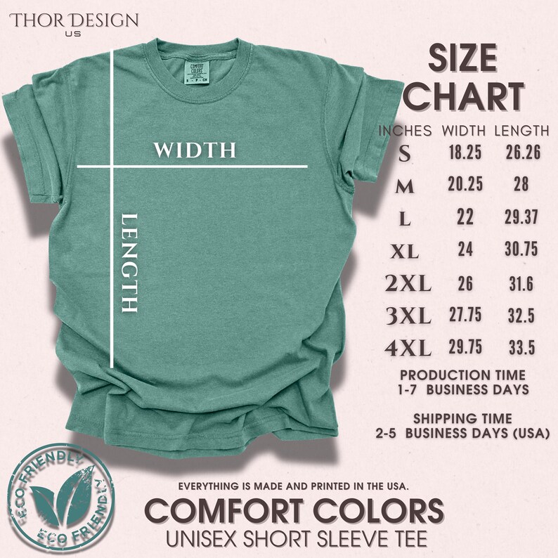May include: A teal unisex short sleeve t-shirt with a size chart showing width and length measurements in inches. The chart includes sizes S through 4XL. The text "Comfort Colors" is printed below the chart.
