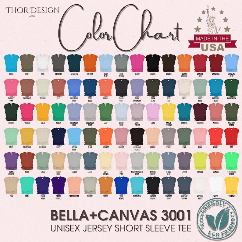 Pode incluir: Carta de cores para camisetas de manga curta de jersey unissex Bella + Canvas 3001. A carta mostra uma variedade de cores, incluindo vermelho, azul, verde, amarelo e preto. A carta &eacute; feita nos Estados Unidos.