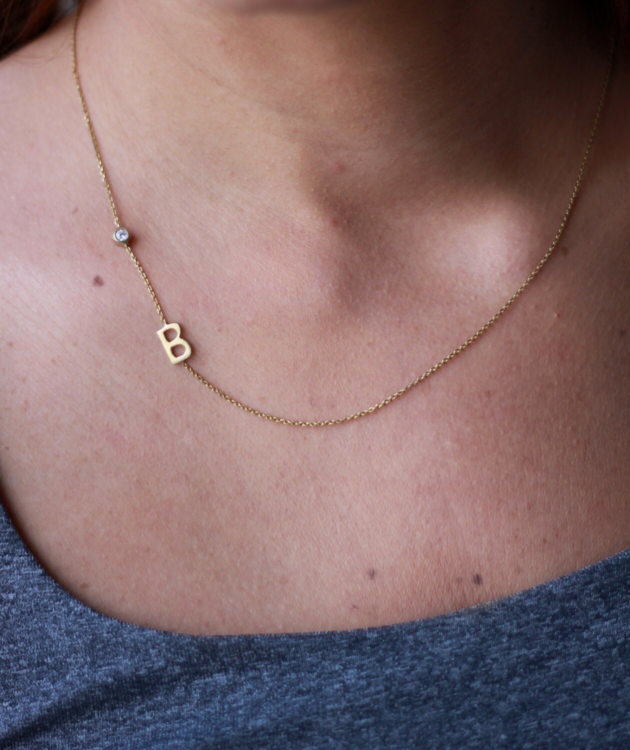 Initial Birthstone Necklace Sideways Initial Necklace | Etsy