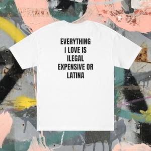 May include: White t-shirt with the text "EVERYTHING I LOVE IS ILLEGAL EXPENSIVE OR LATINA" in black block letters. The shirt is displayed against a colorful graffiti background.