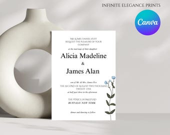 Floral Wedding Invitation Template: Minimalist Design (Canva, Digital Download)