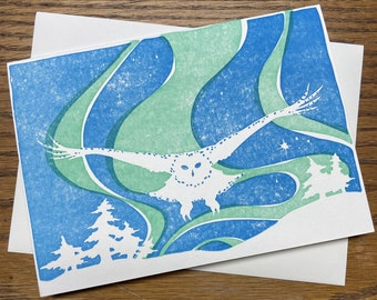 Snowy Owl and Aurora Borealis letterpress hand-printed greeting card