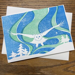 Snowy Owl and Aurora Borealis letterpress hand-printed greeting card image 1