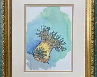 Sea Anemone handprinted handpainted letterpress matted art card