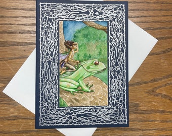 Frog Scout Faery Letterpress & Watercolour Blank Greeting Card