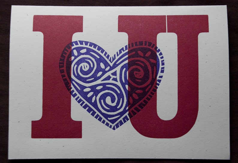 I heart U Letterpress Greeting Card Handprinted From Vintage Wood Type image 2